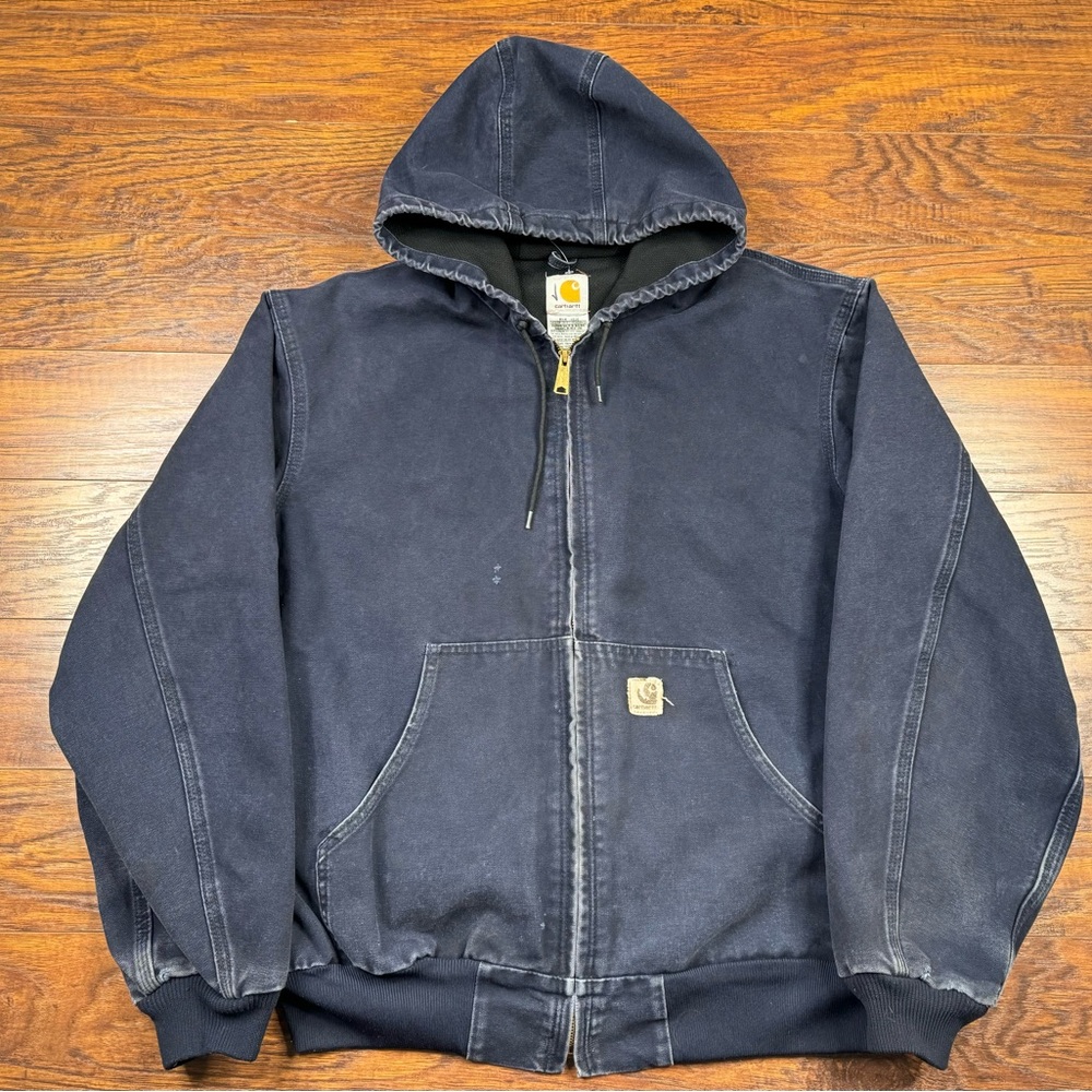 Vintage Carhartt J60 MDT Navy Thermal Lined Hooded Jacket Mens XL